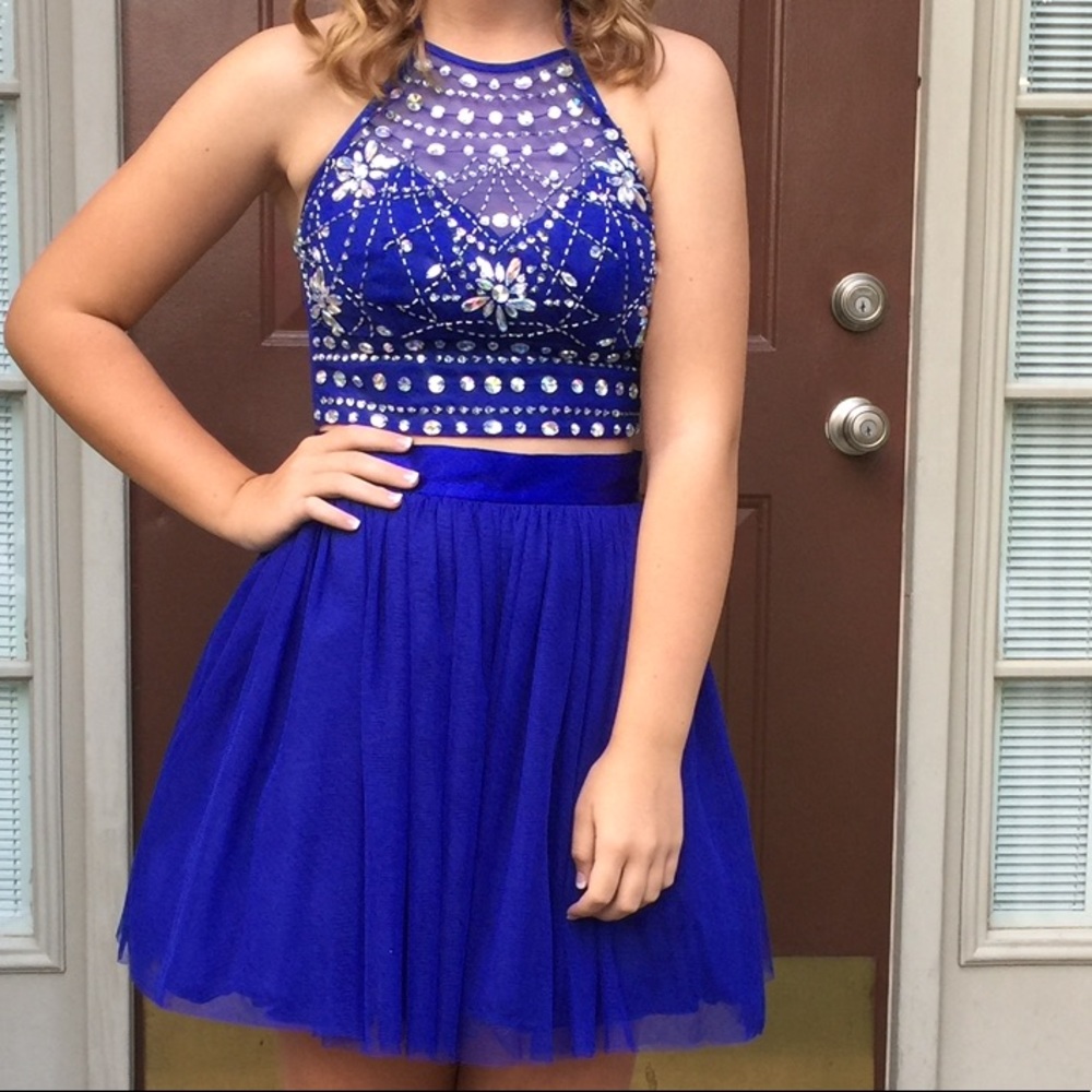 blue two-piece homecoming dress with jewels